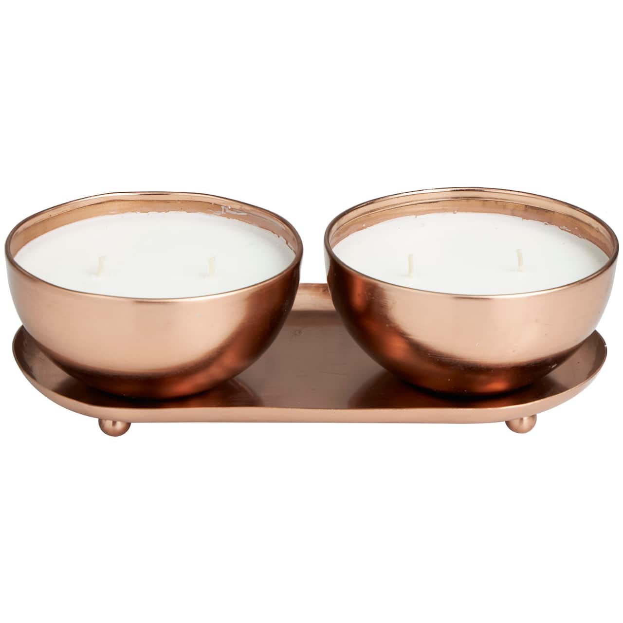 12oz. 2-Wick White Wax Tropical Breeze Scented Candle with Copper Container Bowls and Thin Oval Holding Tray Set